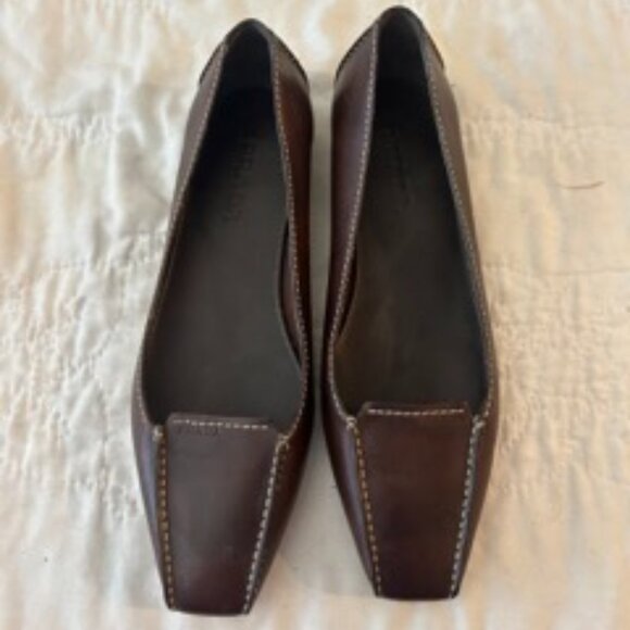 Prada Brown Leather Square Toe Flats Size 37 - Picture 1 of 3